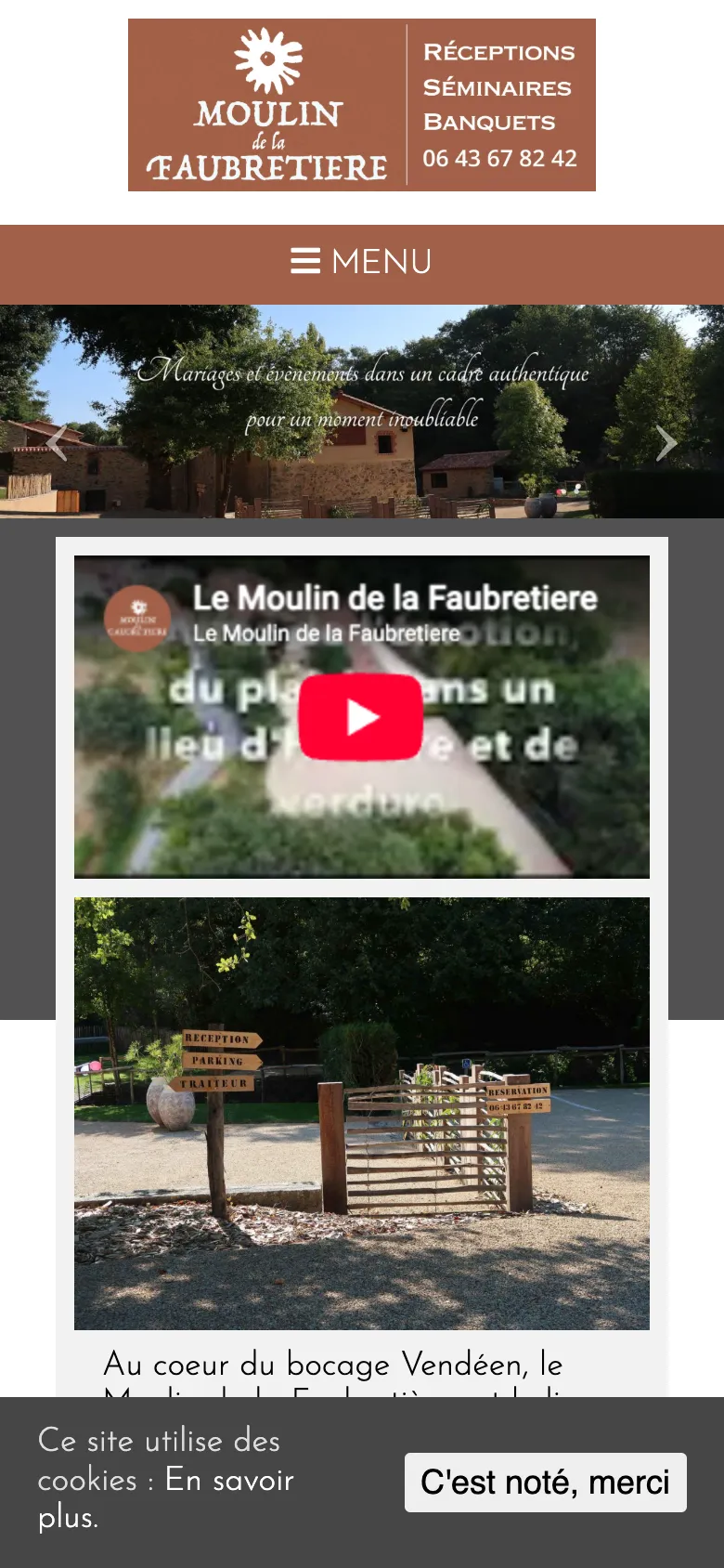 Capture mobile du site actuel : bandeau de photo d'environ 115 px de haut, vidéo, numéro de téléphone en texte simple et bandeau de cookies